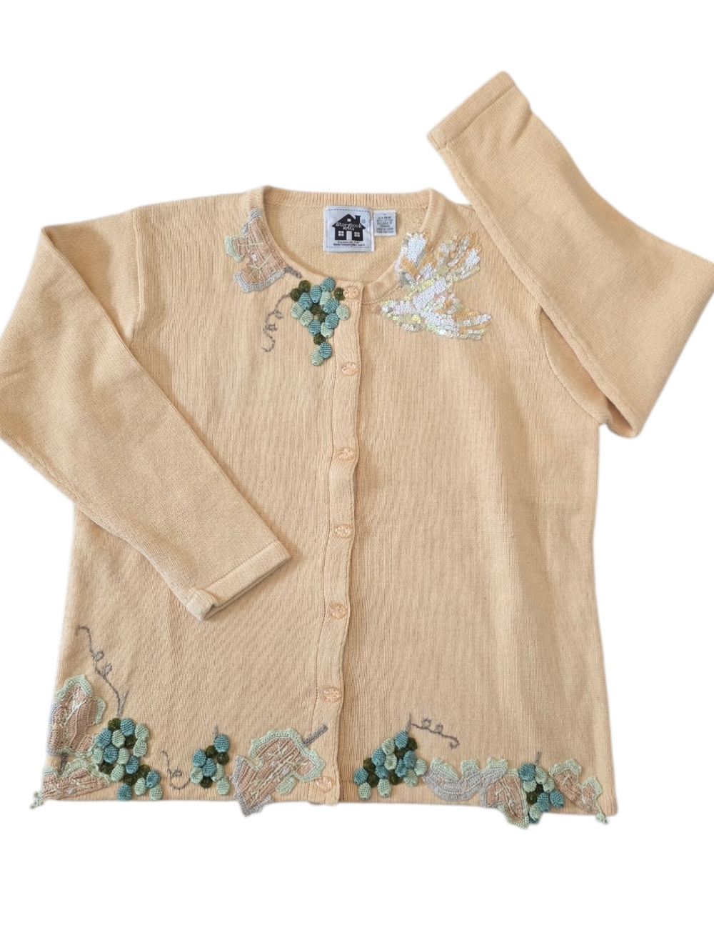 Storybook Knits Pale Butter Yellow Spring Sweater Sequin Bird/Grapes L
